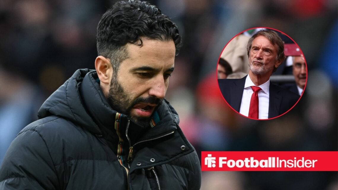 Man United's Ruben Amorim looking down and co owner Jim Ratcliffe looking at him from stands