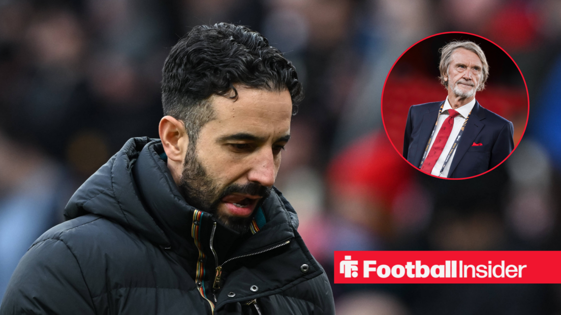 Manchester United boss Ruben Amorim in a black coat and Sir Jim Ratcliffe inset