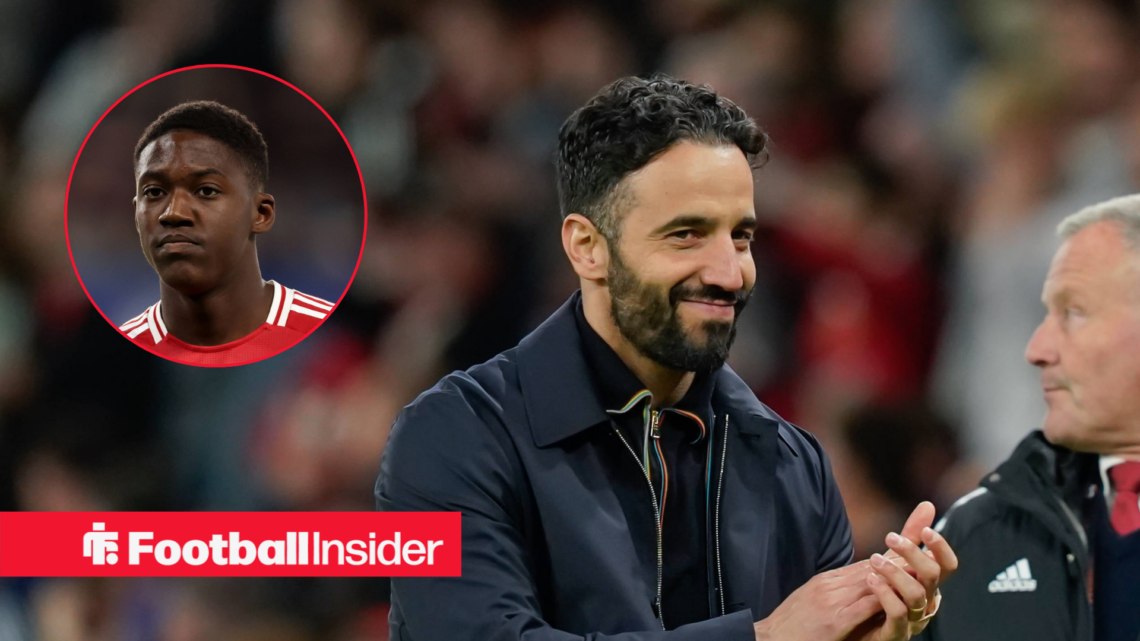 Ruben Amorim in a black jacket and Kobbie Mainoo in a red Man United kit in a red circle