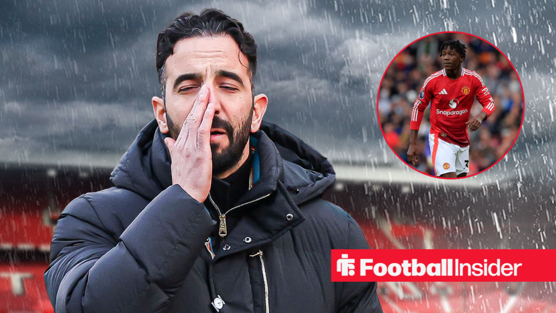 Ruben Amorim in a rainstorm at Old Trafford next to an image of Manchester United midfielder Kobbie Mainoo in a circular frame