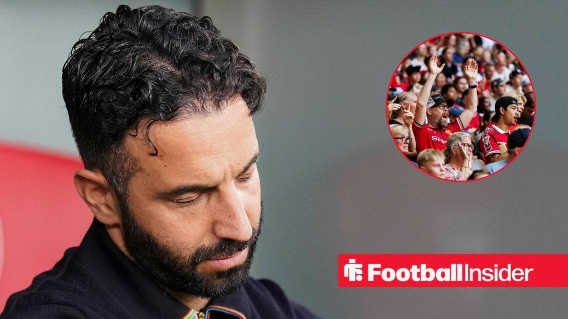Ruben Amorim looking down and Man United fans in inset