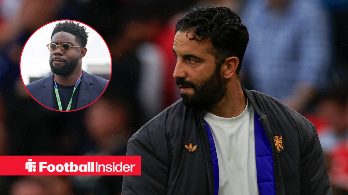 Manchester United manager Ruben Amorim with a circular inset of Micah Richards
