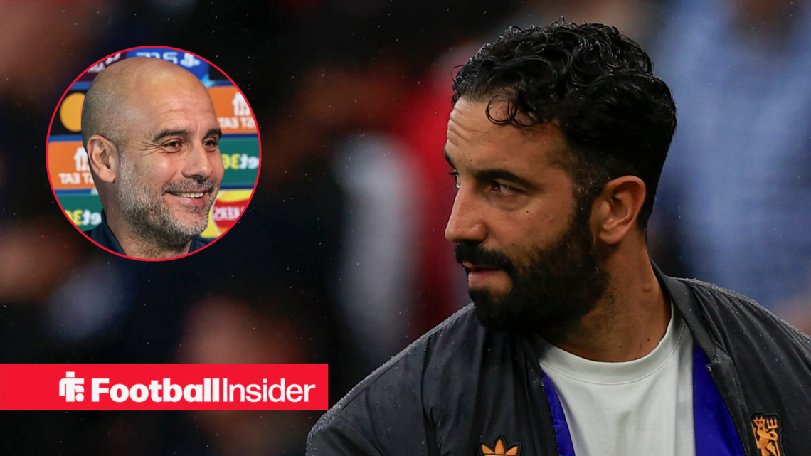 Pep Guardiola smiling on the left with Ruben Amorim staring in a stressful manner on the right