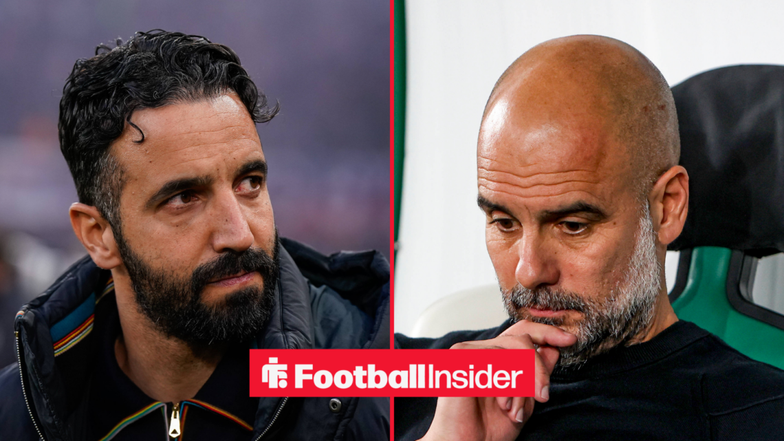 Ruben Amorim on the left and Pep Guardiola on right both looking serious
