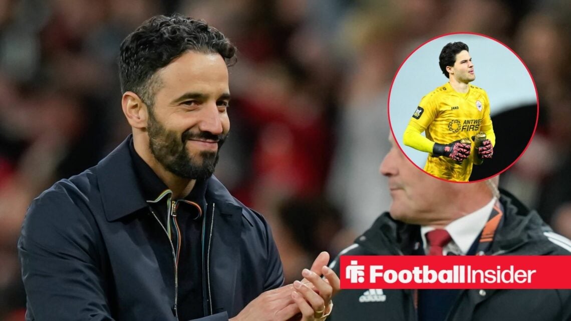 Ruben Amorim clapping his hands in a black jacket and Senne Lammens in inset