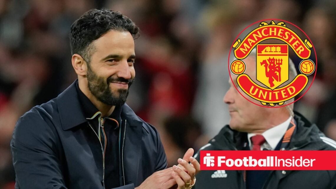Ruben Amorim smiling in a black jacket and Man United badge in inset