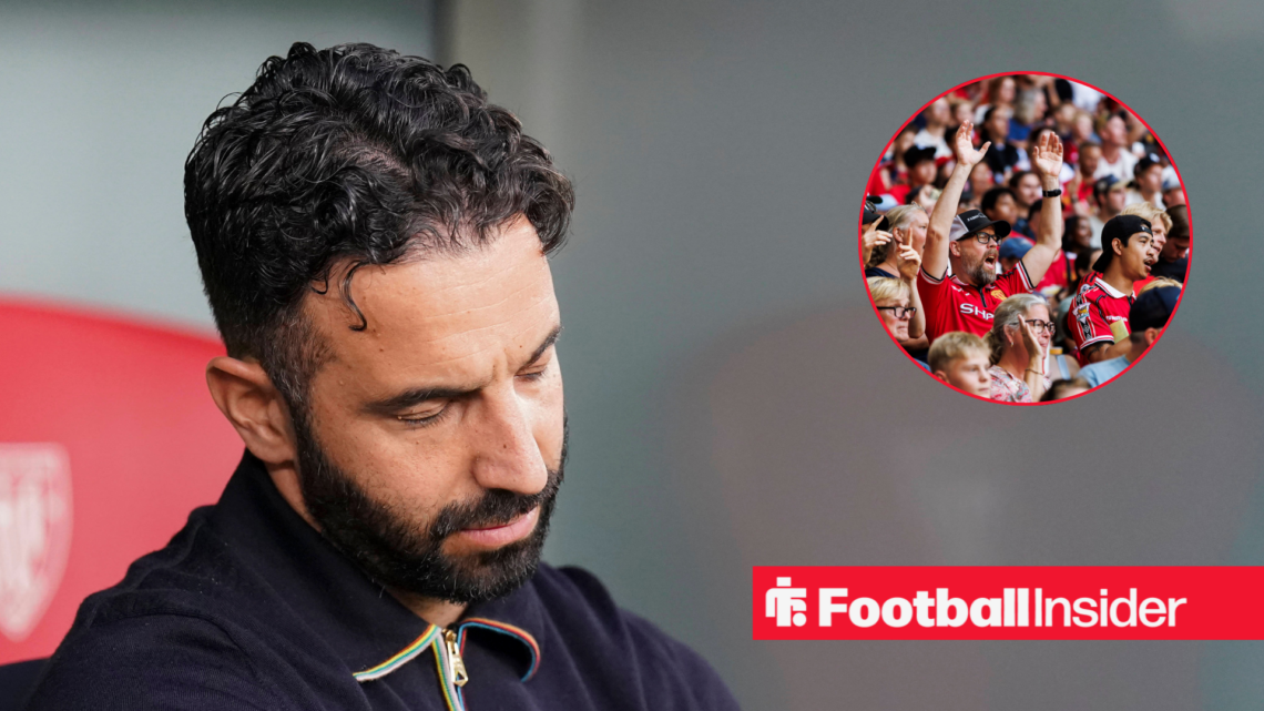 Ruben Amorim frowning in a black jumper with Man United fans in inset