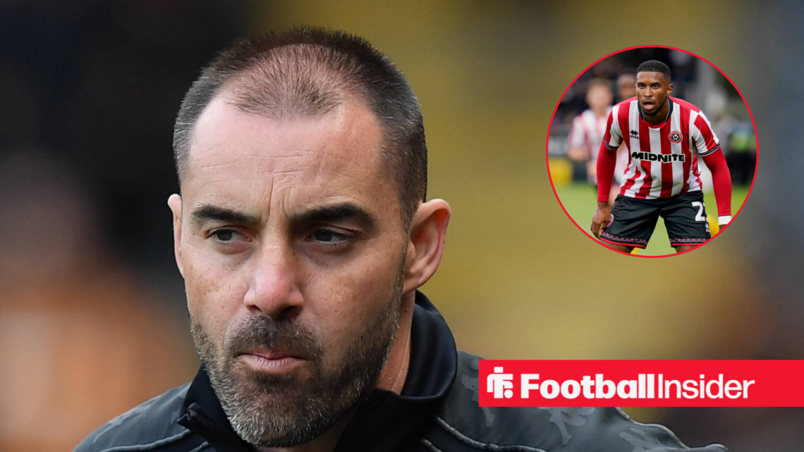 Ruben Selles in a black jacket and Tyrese Campbell in a red and white Sheffield United kit in a red circle