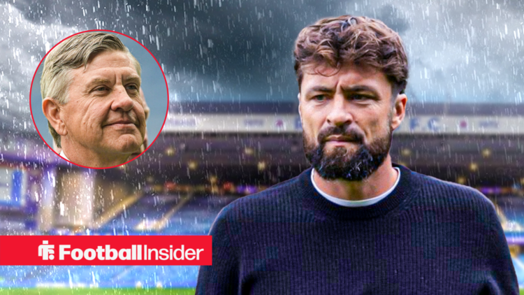 Rangers manager Russell Martin against a gloomy backdrop of Ibrox alongside a circular inset of Andrew Cavenagh