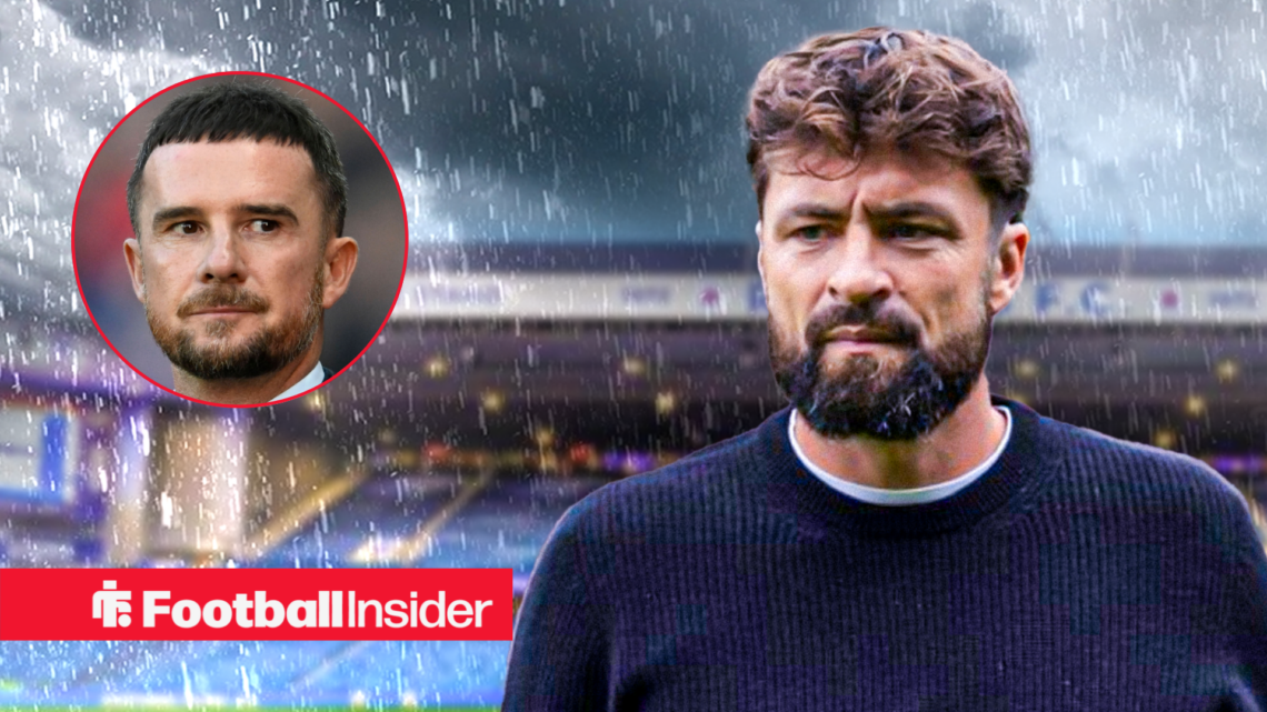Rangers manager Russell Martin against a backdrop of Ibrox in the rain, alongside a circular inset of former Rangers manager Barry Ferguson