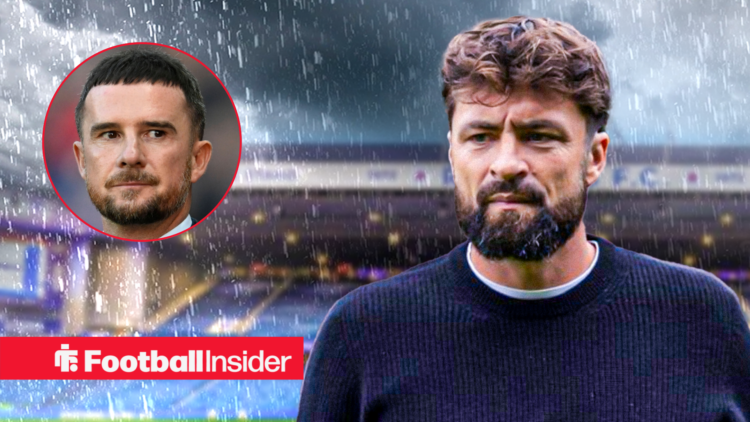 Rangers manager Russell Martin against a backdrop of Ibrox in the rain, alongside a circular inset of former Rangers manager Barry Ferguson