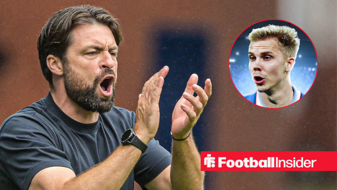 Rangers manager Russell Martin, alongside a circular inset of Rangers winger Oliver Antman