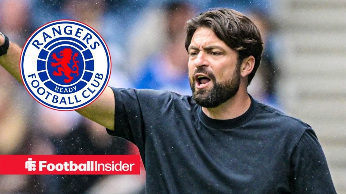 Rangers manager Russell Martin alongside a circular inset of the Rangers club badge.