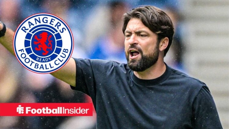 Rangers manager Russell Martin alongside a circular inset of the Rangers club badge.