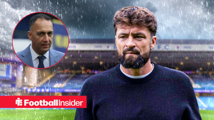 Russell Martin in the rain at Ibrox, with Paraag Marathe in a circular inset