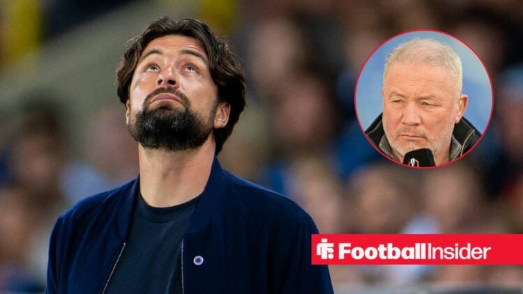 Russell Martin looking up into the sky with Ally McCoist on the right looking stern