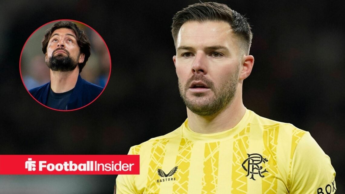 Russell Martin looking to the sky with Rangers goalkeeper Jack Butland looking focused