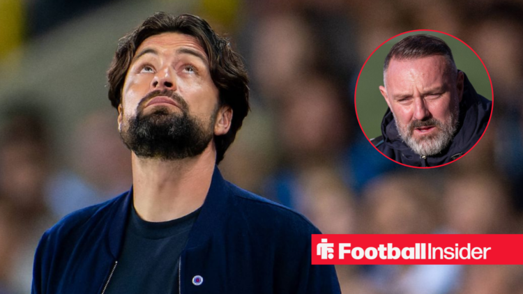Russell Martin looking to the sky with Kris Boyd looking on seriously on the right
