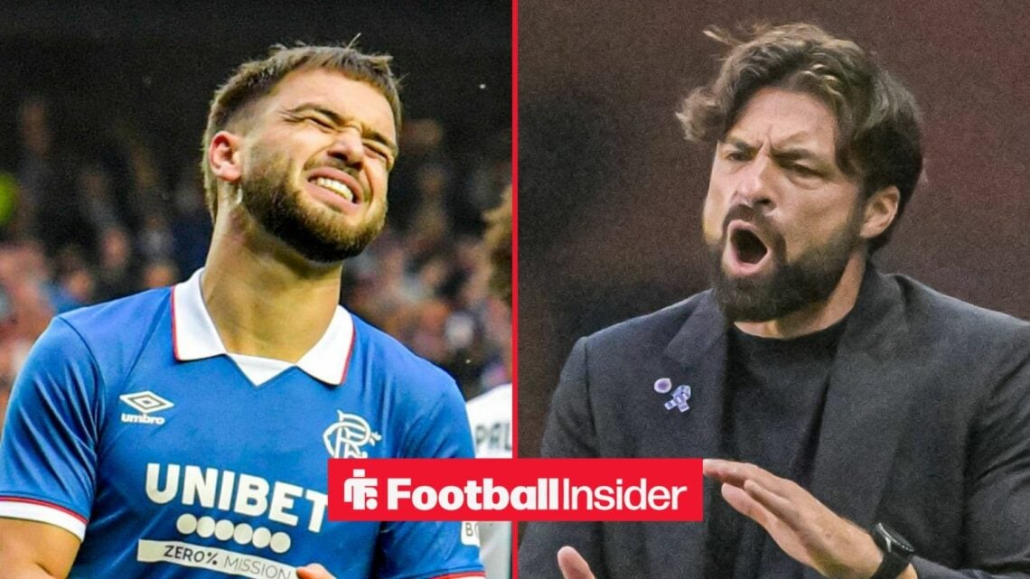 Nicolas Raskin grimacing on the left with Russell Martin shouting at his team on the right