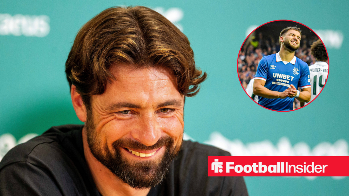 Russell Martin in a black T-shirt and Nico Raskin in a blue Rangers kit in a red circle
