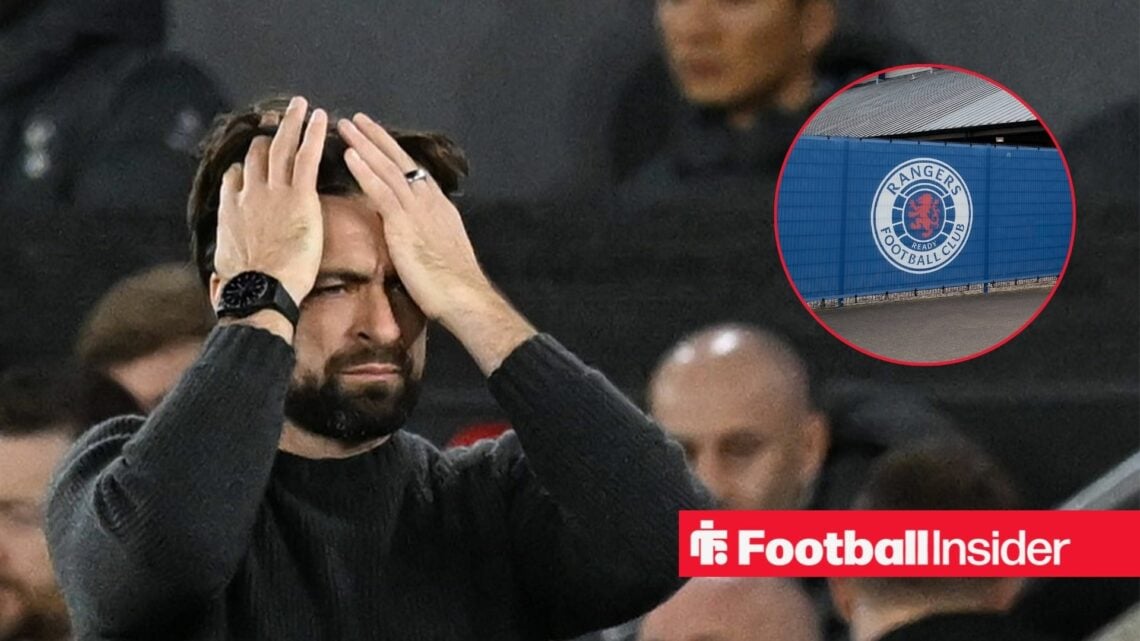 Russell Martin with his head in his hands and Rangers' badge in inset