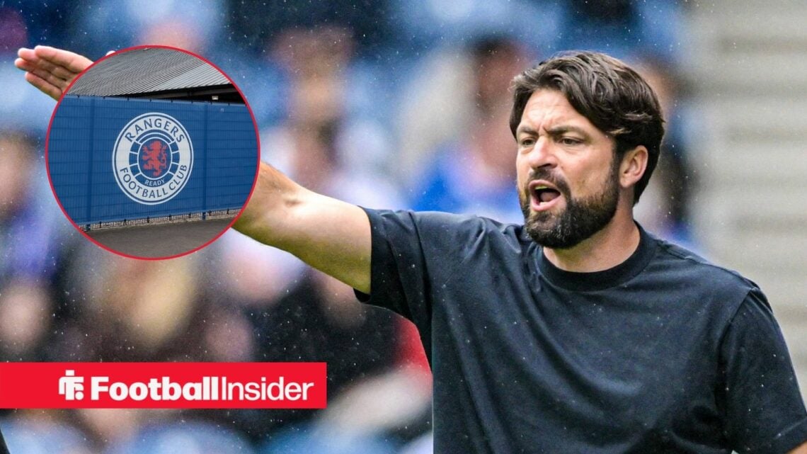Russell Martin shouting and Ranger's training ground in inset