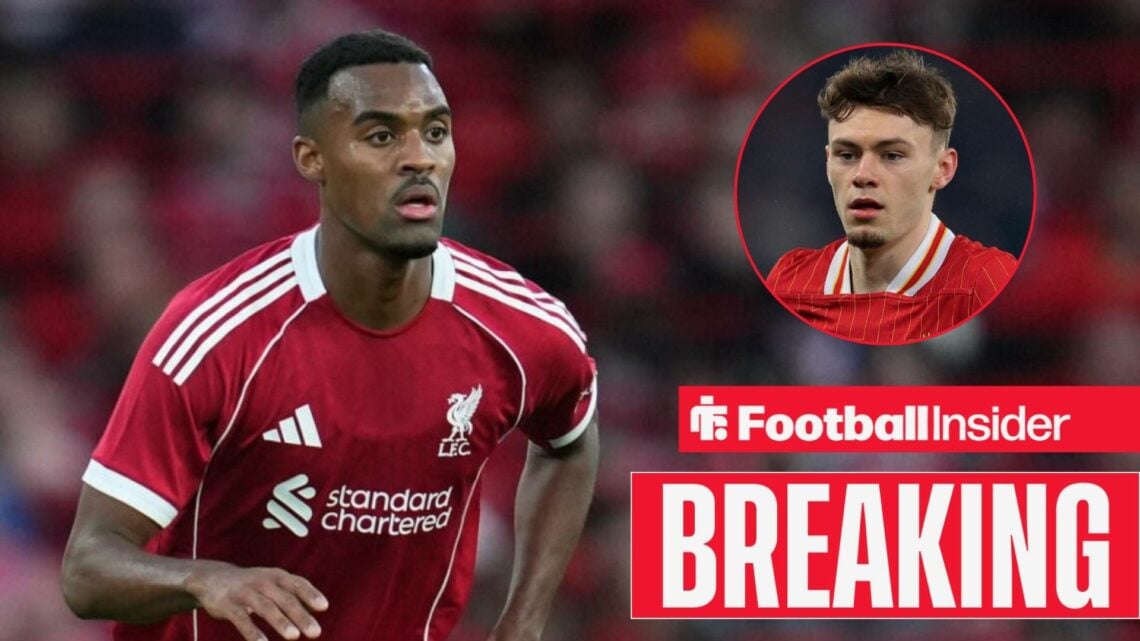Liverpool's Ryan Gravenberch in action looking at teammate Conor Bradley right inset