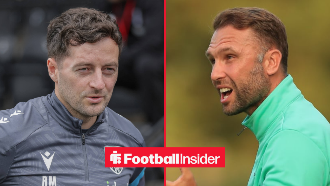 West Brom manager Ryan Mason on the left looking focused with Derby boss John Eustace shouting on the right