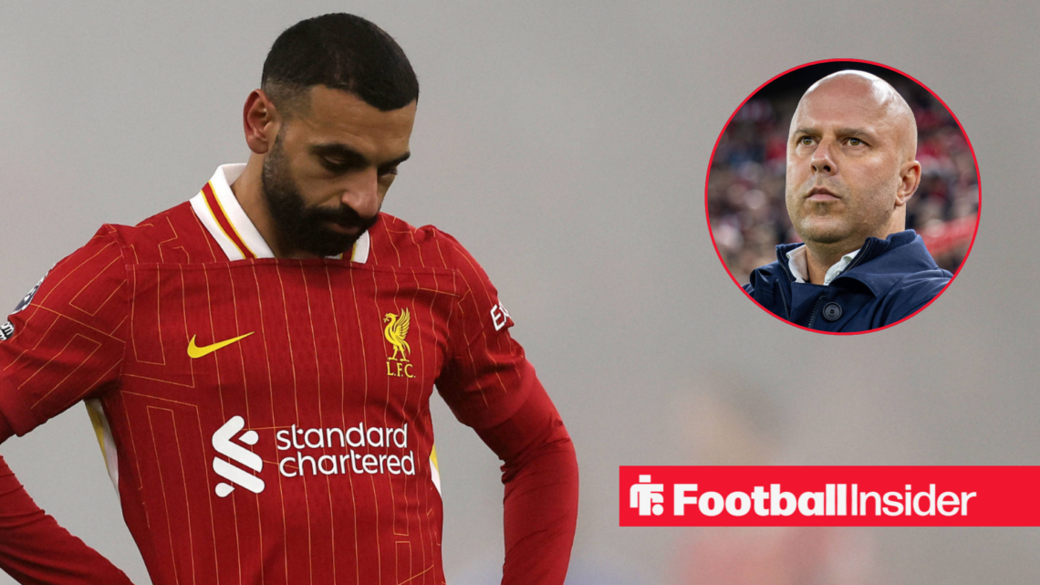 Mo Salah looks down with Arne Slot in a circular inset