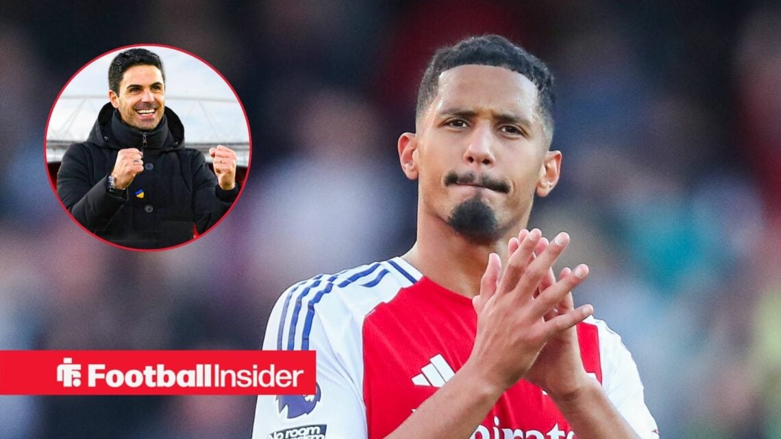 William Saliba clapping, Mikel Arteta in a circular inset