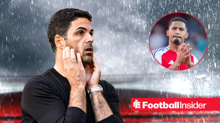 Mikel Arteta looking at William Saliba in a circular inset