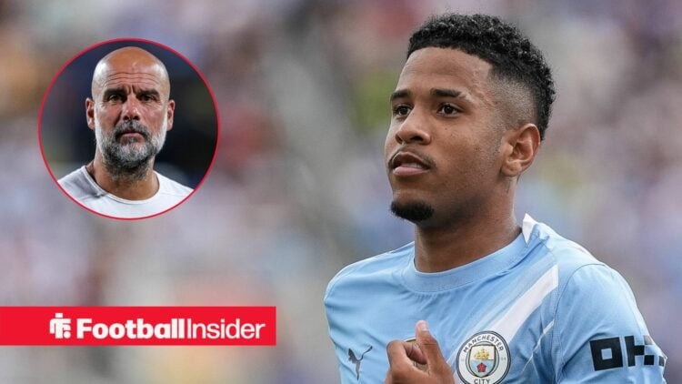 Man City winger Savinho alongside Man City manager Pep Guardiola inset