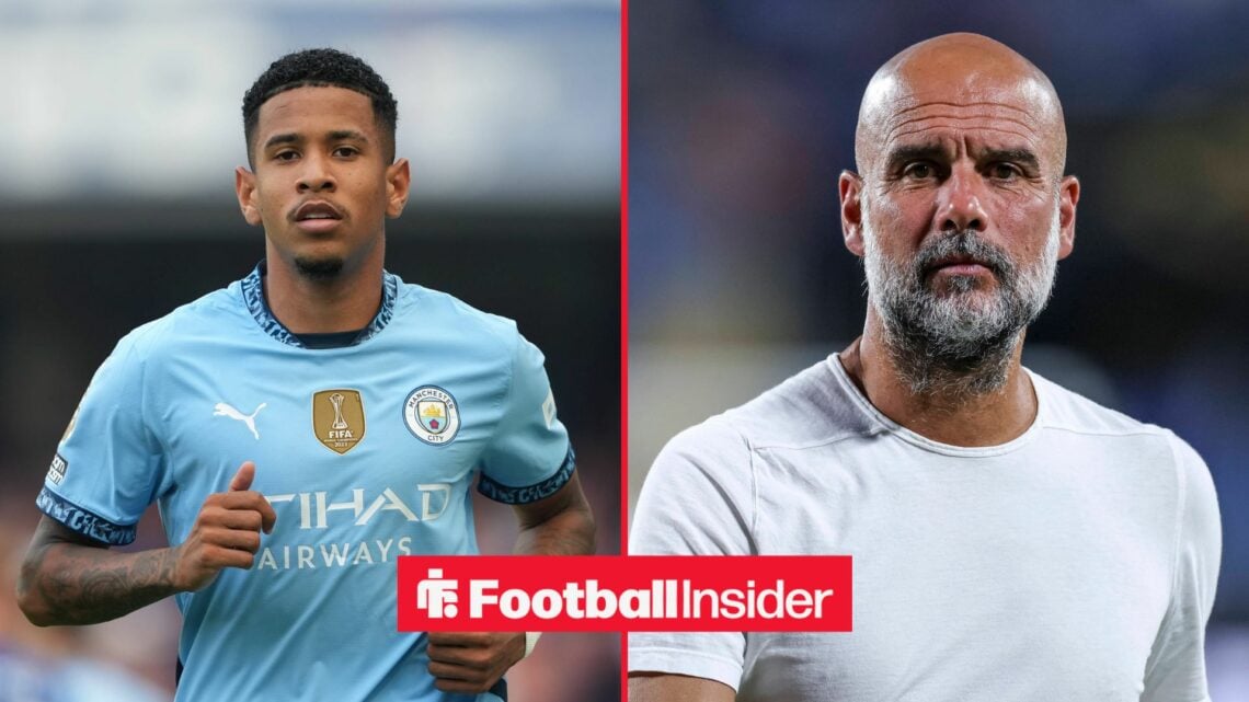 Man City winger Savinho alongside Man City manager Pep Guardiola