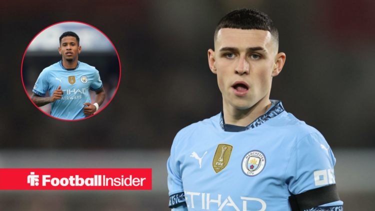 Manchester City star Savinho in a circular frame alongside an image of Phil Foden