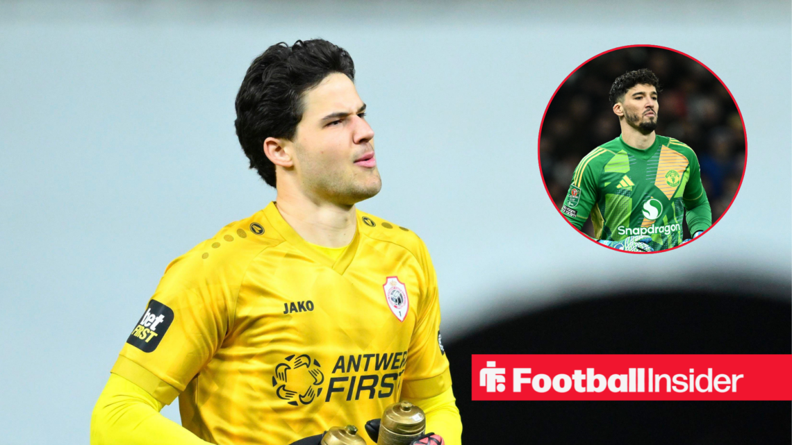 Senne Lammens in a yellow Royal Antwerp kit and Altay Bayindir in a green Manchester United kit in a red circle