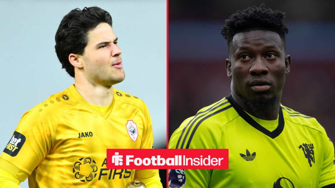 Senne Lammens on the left in a yellow keeper kit with Andre Onana on the right looking nervous