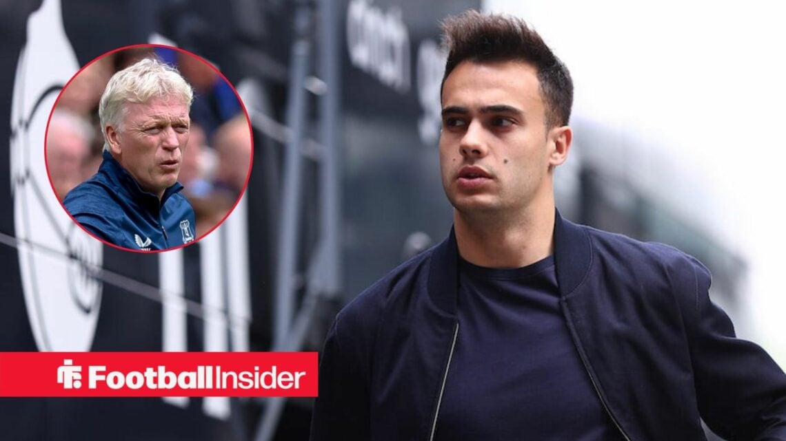 Sergio Reguilon pre-match at Tottenham, with David Moyes in a circular inset