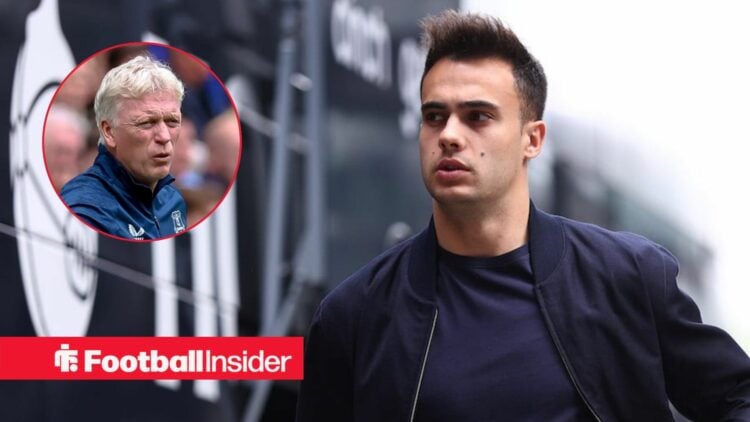 Sergio Reguilon pre-match at Tottenham, with David Moyes in a circular inset