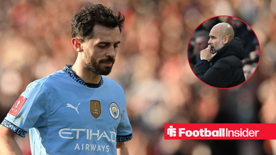 Manchester City midfielder Bernardo Silva alongside a circular inset of Pep Guardiola