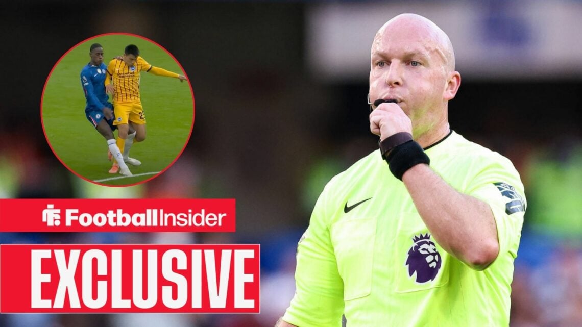 Simon Hooper blowing his whistle, Trevoh Chalobah's red-card challenge in a circular inset