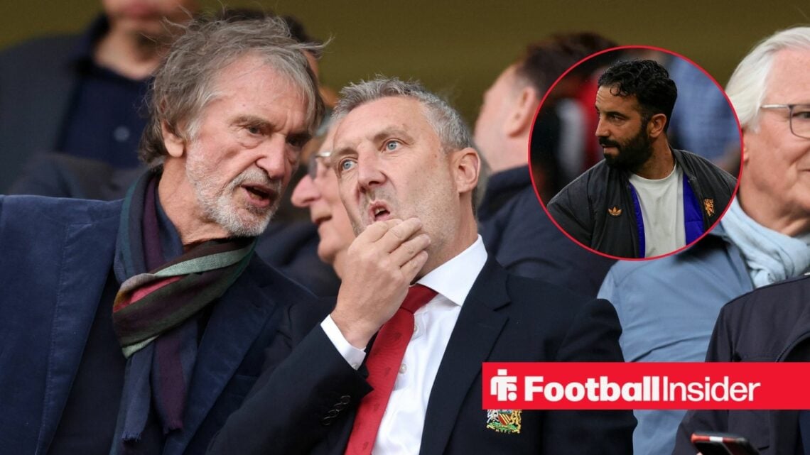 Sir Jim Ratcliffe and Jason Wilcox looking concerned with Ruben Amorim included in a circular inset