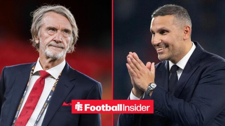Sir Jim Ratcliffe looking unimpressed with Khaldoon Al Mubarak smiling