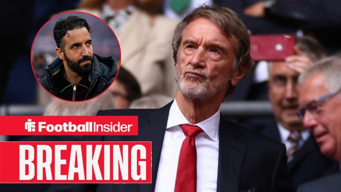 Sir Jim Ratcliffe looking unhappy with Ruben Amorim included in a circular inset
