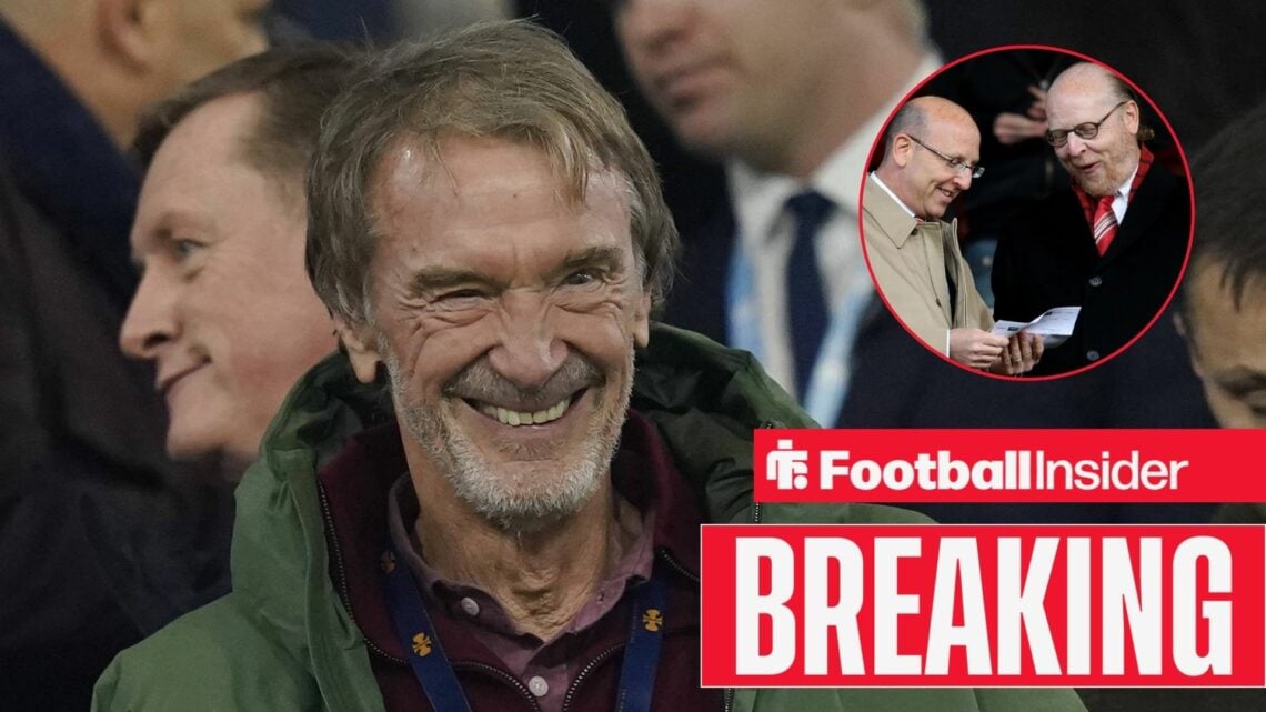 Sir Jim Ratcliffe smiling with the Glazers included in a circular inset