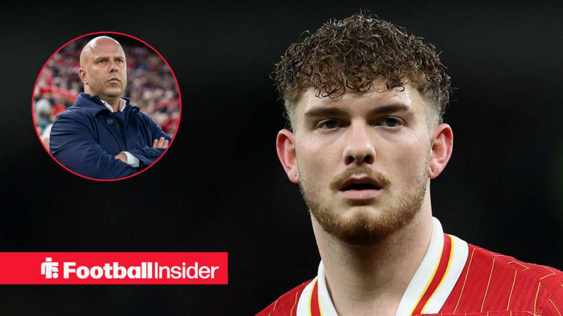 Harvey Elliott in Liverpool shirt. Arne Slot in a circular inset