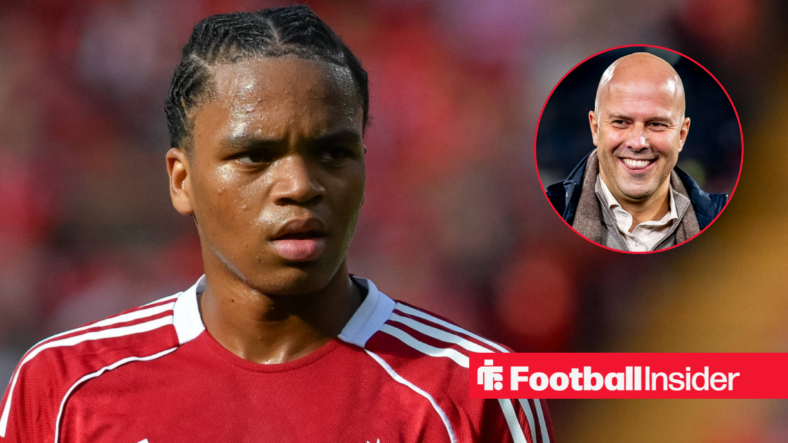 Rio Ngumoha in a Liverpool shirt, Arne Slot smiling