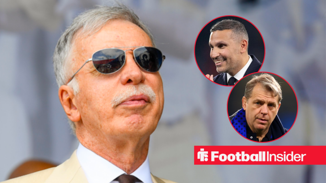 Arsenal owner Stan Kroenkein the stands looking at Man director Khladoon Al-Mubarak and Chelsea owner Todd Boehly both right inset