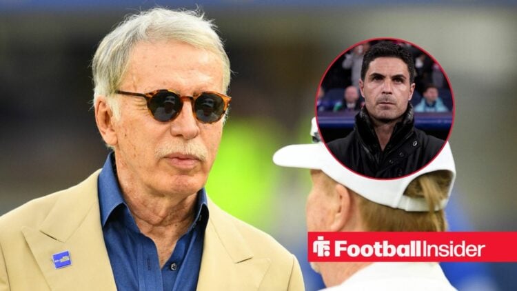 Arsenal owner Stan Kroenke with glasses on looking at manager Mikel Arteta who stares forward right inset