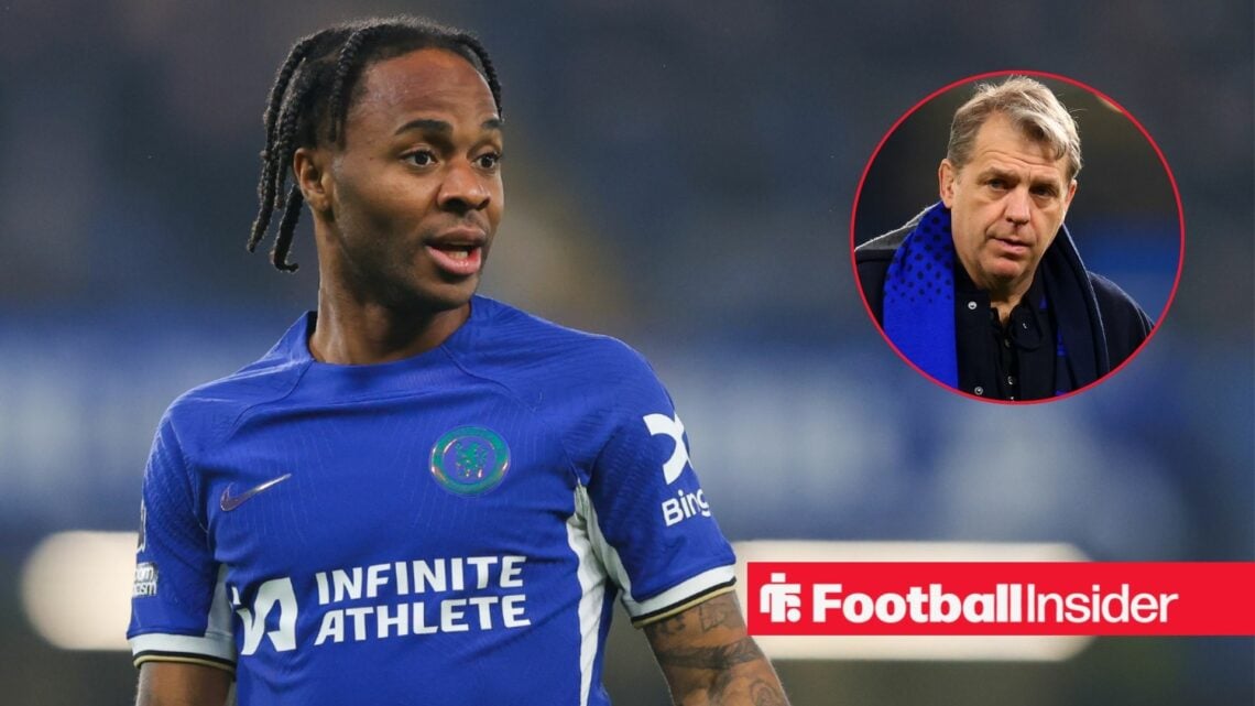 Raheem Sterling looking at Todd Boehly in a circular inset
