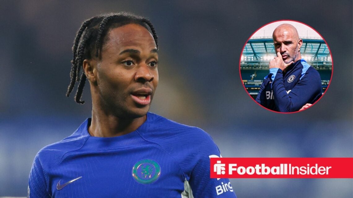 Raheem Sterling looking in a blue Chelsea kit and Enzo Maresca in inset